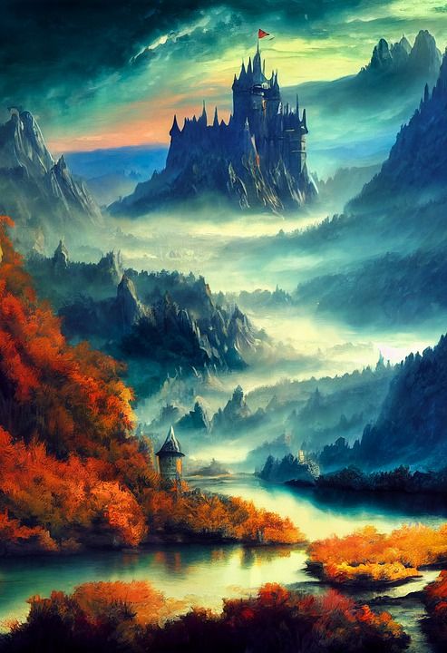 城堡 幻想 河 风景 景观 森林 树木 山 神秘 中世纪