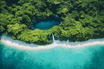海滩 热带 岛 顶视图 树木 天蓝色 生成的Ai