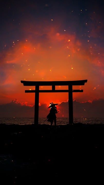 手机壁纸 武士 牌坊 日落 年轻女子 神社 轮廓 黑暗的 艺术