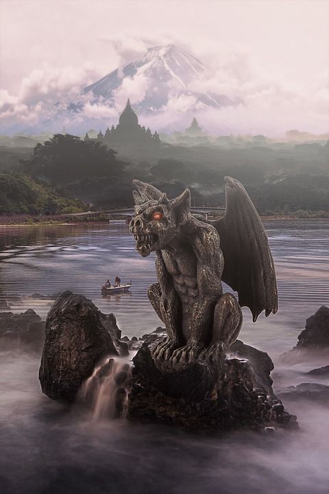 石像鬼 幻想 景观 幻想风景 雕像 雕塑 翅膀 岩石 海 船