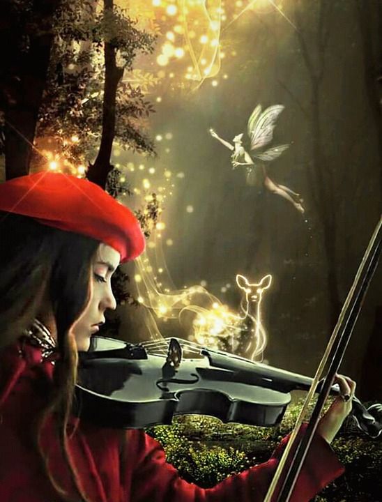 幻想 女孩 小提琴 玩 乐器 仙女 灯 树木 森林 神奇