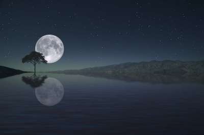 满月 反射 月亮 自然 湖 夜 黄昏 组成 满月 月亮 月亮