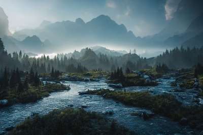 河 树木 晚上 有雾的 远景 山 生成的Ai