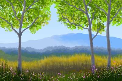 自然 绘画 艺术 环境 山 森林 树木 花朵