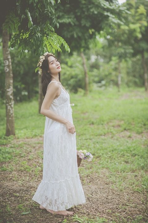 女士 模型 裙子 思维 森林 篮子 花朵