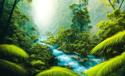 生成的Ai 幻想 丛林 林 树木 河 阳光 叶子