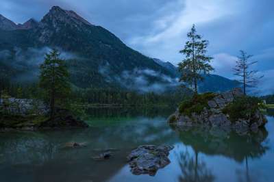 Hintersee 山 日落 湖 晚上的气氛 自然 景观 高山湖泊