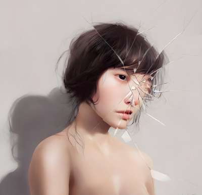 女士 绘画 裸体 皮肤 破碎的 镜子 家庭暴力 伤心 肖像