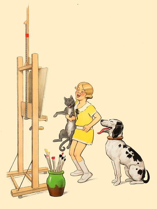 绘画 画架 在家自学 猫 狗 女孩 艺术 艺术品 学习 教学