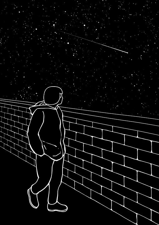 创造力 思维 绘画 黑和白 星星 夜晚 女孩 黑色的思想