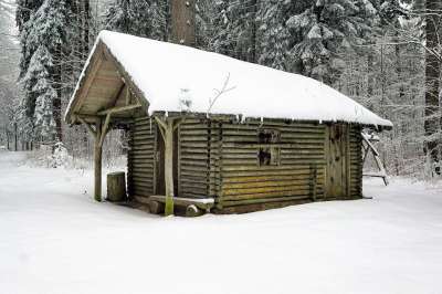 冬天 雪 木头 房子 营房 平房 寒冷的 小屋 木制的 自然