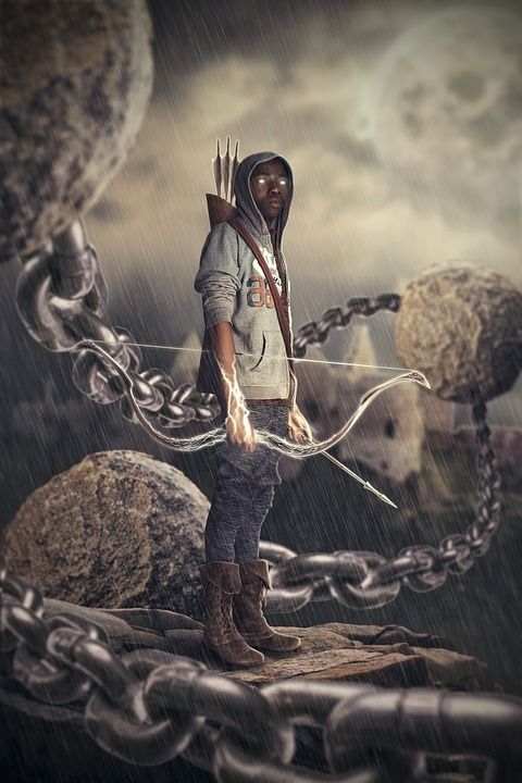 照片处理 幻想 摄影艺术 射手 显示 弓 链 岩石 浮动摇滚