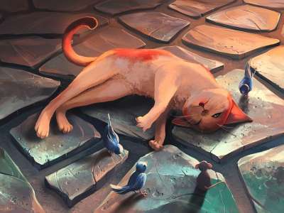 猫 猫画 躺着 基蒂 猫科动物 鸟类 绘画 数字绘画 数字艺术