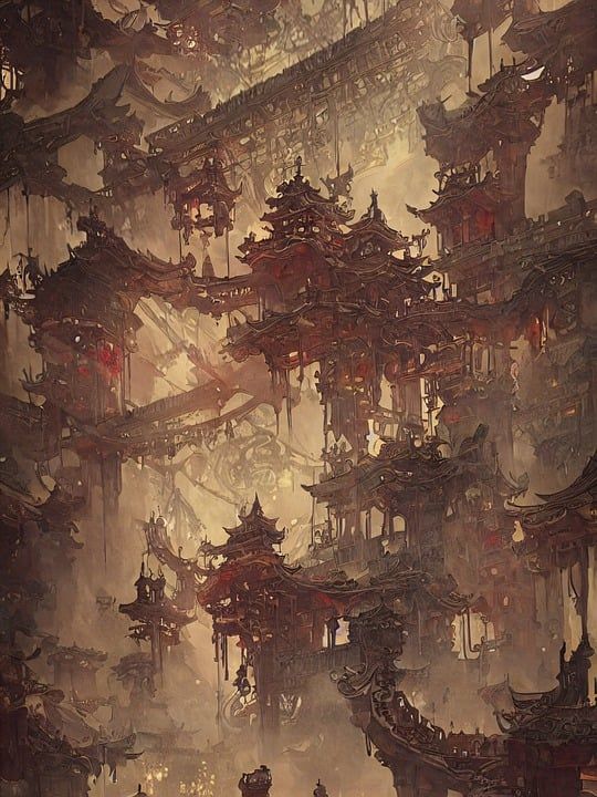 中国 流动的城市 古老的都市 桥 结构 建筑物 多雾路段 塔