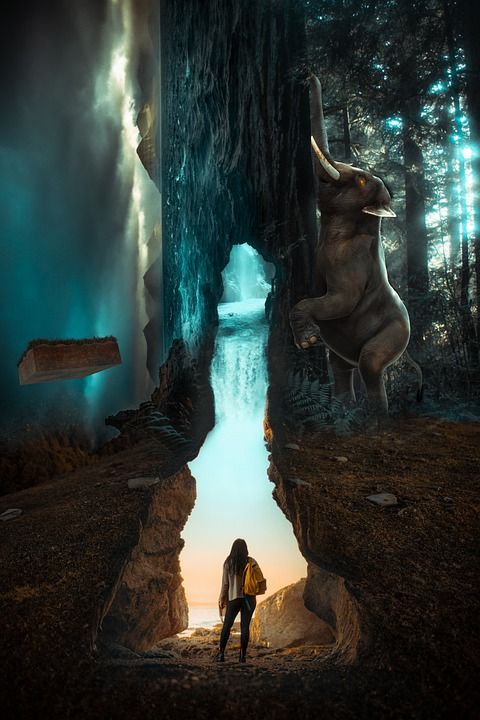 女人 森林 海 大象 幻想 图片处理 洞穴 瀑布 数字艺术