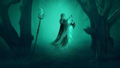巫婆 森林 幻想 多雾路段 火炬 火 灯笼 魔法 拼写 神秘