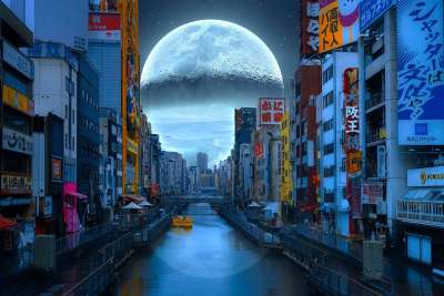 月亮 河 建筑物 满月 陨石坑 大阪 日本 幻想 城市 结构