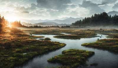 生成的Ai 幻想 景观 山 日落 湖 河 水 云