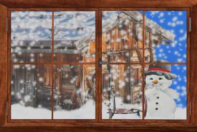 雪人 冬天 雪 寒冷的 问候卡 小屋 山间小屋 假期 寒假