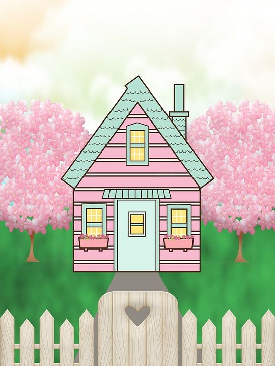 手机壁纸 房子 家 小屋 树木 栅栏 门 画画 卡通片 可爱的