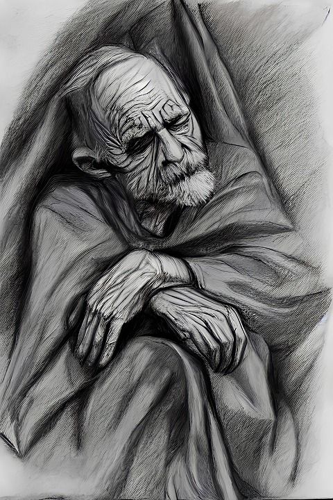 绘画 老人 肖像 黑和白 画画 男人 贫穷的 草图