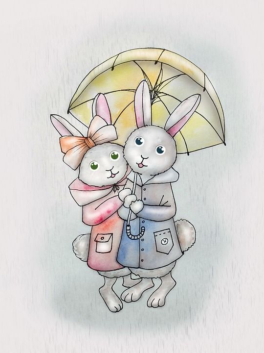 兔子 一对 爱 一起 浪漫 伞 秋季 婴儿插图 水彩 绘画