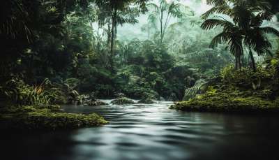 生成的Ai 幻想 河 树木 丛林 林 热带 性质 景观