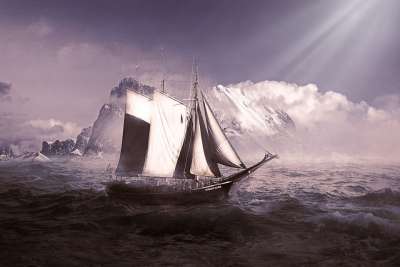 景观 海 水 海洋 帆船 冰山 薄雾 光 天空 云 海景