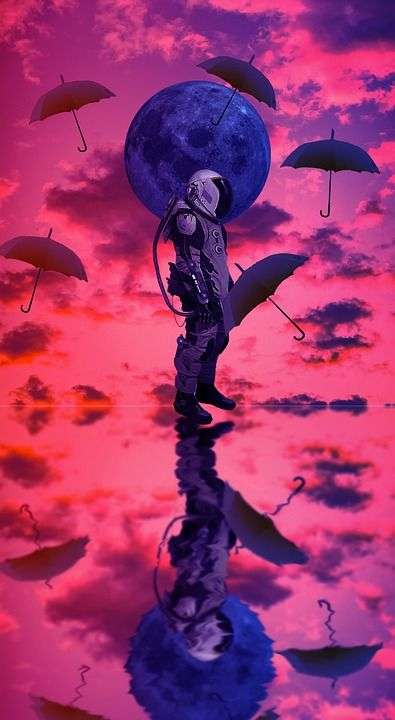 月亮 两个颜色 氖 宇航员 空间 暮 天空 晚上 日落 灯