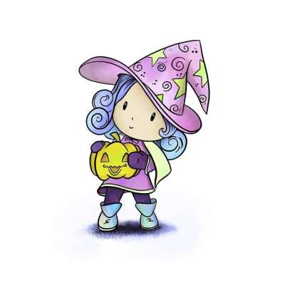 万圣节 女孩 巫婆 南瓜 戏服 孩子 数字标记 水彩 绘画
