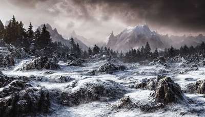生成的Ai 幻想 山 景观 冬天 雪 岩石 远景