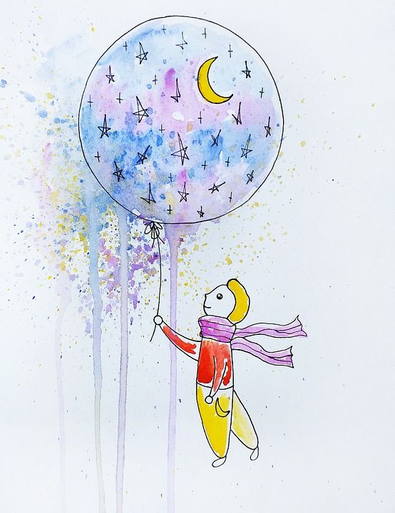 气球 天空 男孩 空间 星星 月亮 婴儿 幻想 梦 水彩