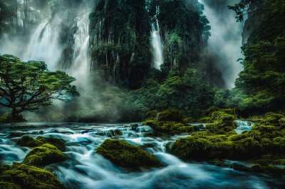 生成的Ai 幻想 瀑布 河 树木 丛林 性质