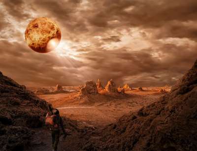 行星 宇航员 飞船 岩石 荒芜 红云 太空旅行 科幻小说 宇宙