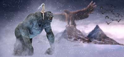 怪物 亚马逊 冬季景观 幻想 雪 史诗 山 石像 乌鸦 神秘