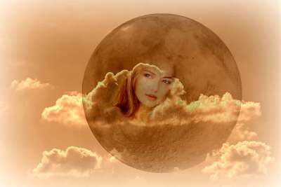 脸 女士 云 天空 月亮 幻想 美丽的 眼睛 金的 橙色月亮