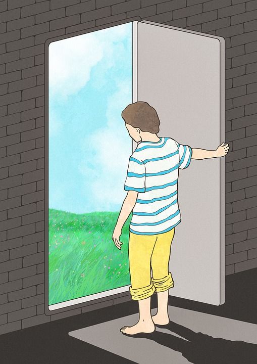 照明 想象力 创造力 画画 绘画 黑和白 男孩 草地 门 打开