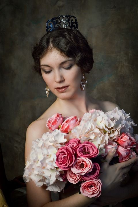 女士 肖像 模型 玫瑰 花朵 花束 优质的 经典的 复古的