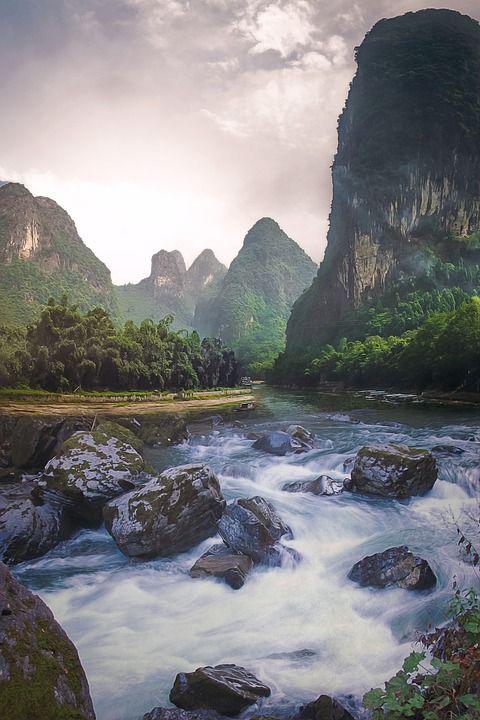 景观 幻想 幻想风景 天空 山 岩石 级联 树木 水