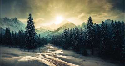 生成的Ai 幻想 日落 树木 森林 冬天 雪 远景 山 户外