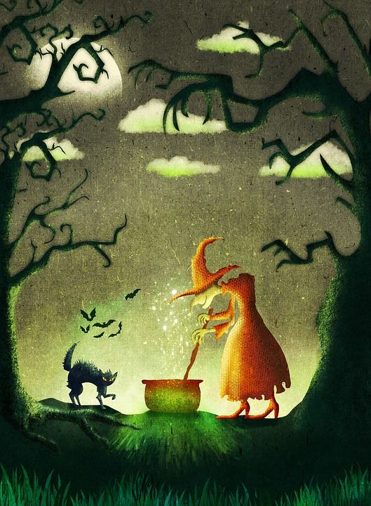 巫婆 万圣节 森林 猫 夜晚 幽灵般的 魔法 树木 绘画 画画