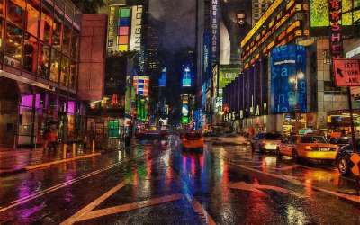 户外的 城市 看法 夜晚 晚上 时间 湿的 建筑物 符号 板