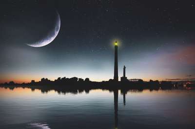 景观 幻想 夜 亲爱的 星级 月亮 灯塔 海 城市 云