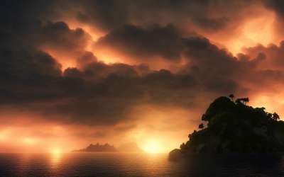 岛 日落 海洋 热带 冷静的 多云的 天空 雷雨 神奇 幻想