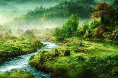 生成的Ai 幻想 林 河 树木 绿色 有雾的 远景