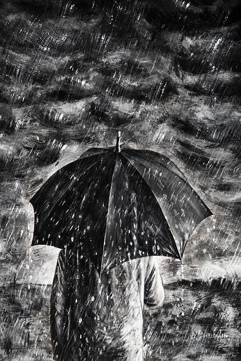 绘画 雨 和 雨伞 男人 黑暗的 人 后部 看法 独自的