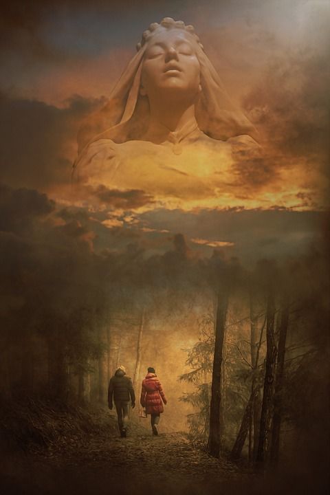 女神 母亲的天性 日落 步行 幻想 黑暗的 木头 天空 光 梦