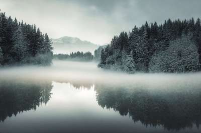生成的Ai 幻想 冬天 雪 湖 树木 林 有雾的 多雾路段