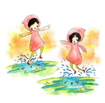 水彩 绘画 画画 男孩 孩子 童年 可爱的 雨 下雨 水坑