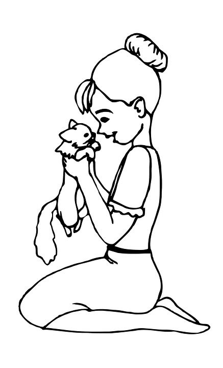 女孩 猫 小猫 染色 图画书 线条艺术 宠物 自然 可爱的